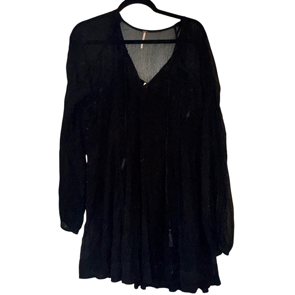 Free People Black Sheer V Neck Tassel Mini Dress Boho Festival M
